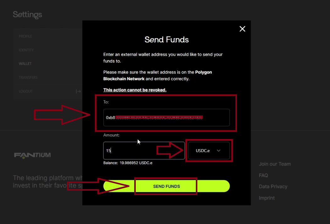 Step 7.2: Paste the adress you copied from changenow into the “To:” field. Enter the amount and choose USDC.e. Then click on “SEND FUNDS”